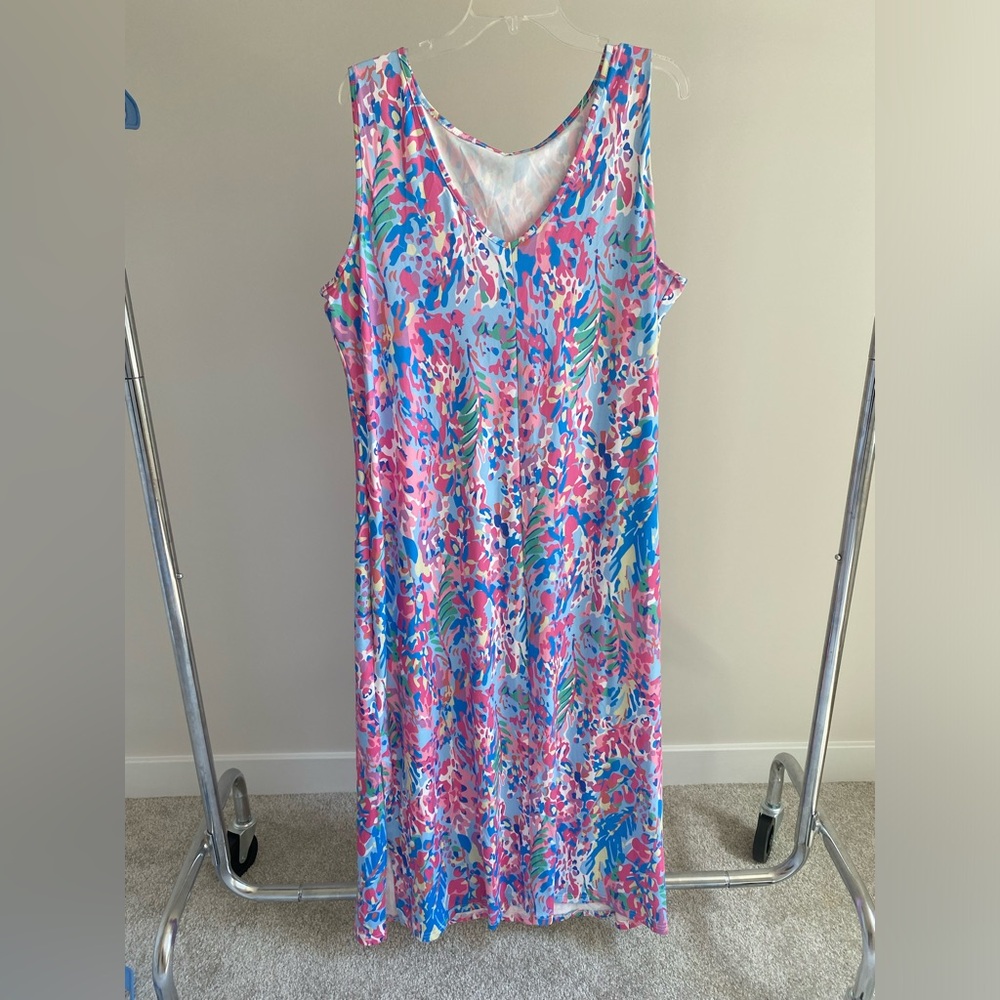 All over multi-colored print, v neck, sleeveless, long dress with side slits XXL